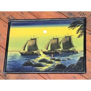 Chinese Junk Sailing Ships Vintage Japanese Oil On Silk Painting 17.5"x14.5"